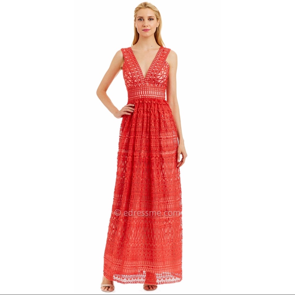 Nicole Miller formal lace dress in bright coral